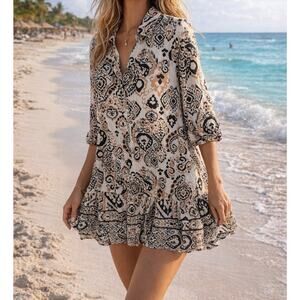 Mlle Gabrielle Dress Womens L Collared Button Front Boho Flowy Resortwear Travel